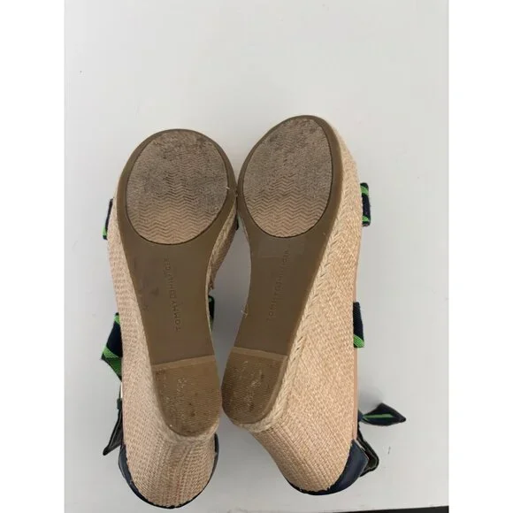 Tommy Hilfiger Sandals 10 Wedge Navy Green Striped Espadrille Preppy Nautical - Picture 11 of 16